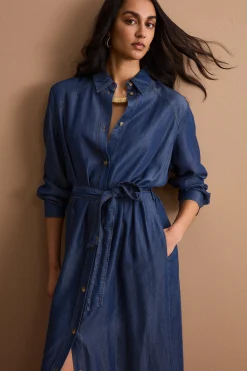 Abito Chemisier Lungo con Cintura in Denim - DENIM
