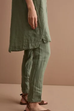 Abito Midi Smanicato Chemisier in Lino - VERDE MILITARE