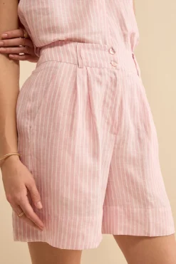 Bermuda in Lino a Righe con Bottoni - ROSA RIGATO