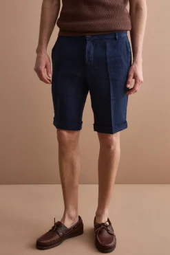 Bermuda Uomo in Lino Regular Fit con Risvolto - BLU