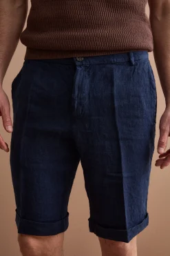 Bermuda Uomo in Lino Regular Fit con Risvolto - BLU