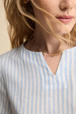 Blusa Over Girocollo in Lino - AZZURRO RIGATO