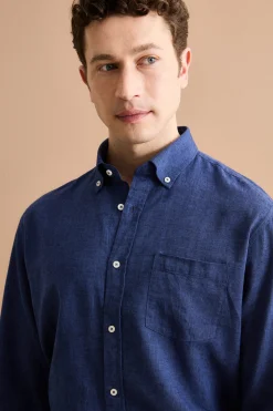 Camicia Button Down in Misto Lino Custom Fit - BLU
