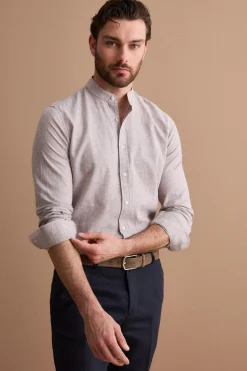 Camicia Coreana Custom Fit in Misto Lino - NOCCIOLA