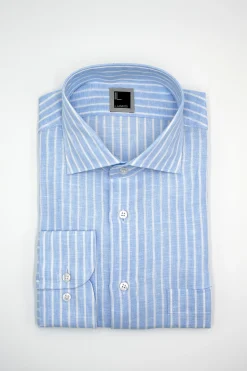Camicia Fantasia con Taschino Custom Fit in Lino - AZZURRO RIGATO