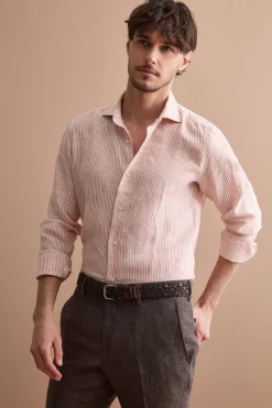 Camicia in Lino a Righe Custom Fit - RUGGINE RIGATO