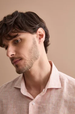 Camicia in Lino a Righe Custom Fit - RUGGINE RIGATO