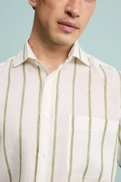 Camicia Lino Collo Francese con Taschino - RIGATO BIANCO/VERDE