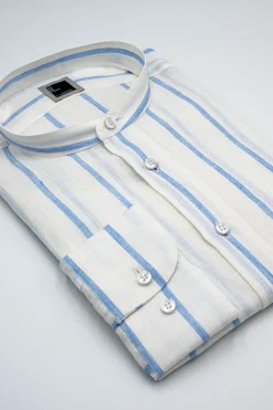 Camicia Lino Coreana Custom Fit - RIGATO BIANCO/AZZURRO