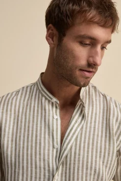 Camicia Lino Coreana Custom Fit - VERDE RIGATO