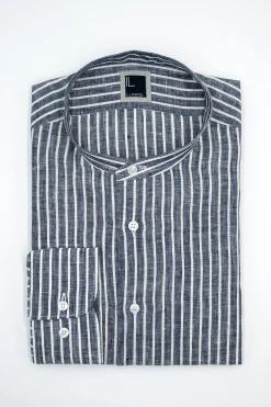 Camicia Rigata Custom Fit con Collo Coreana in Lino - BLU RIGATO