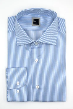 Camicia Rigata Slim Fit con Collo Francese - RIGATO BIANCO/AZZURRO