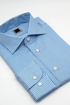 Camicia Rigata Slim Fit con Collo Francese - RIGATO BIANCO/AZZURRO