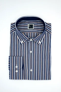Camicia Slim Fit a Righe Button Down - RIGATO BLU/BEIGE