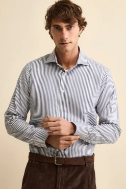 Camicia Slim Fit in Cotone con Collo Francese - BLU RIGATO