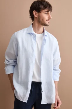 Camicia Uomo Casual Regular Fit in Lino - AZZURRO RIGATO