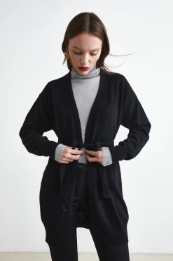 Cardigan con Cintura in Lana e Cashmere - NERO
