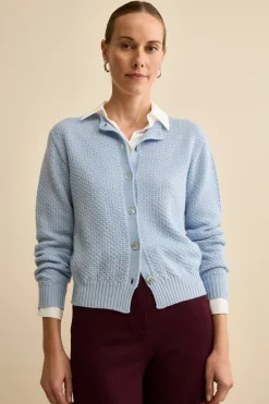 Cardigan in Lana Merino Traforato con Collo Coreana - AZZURRO