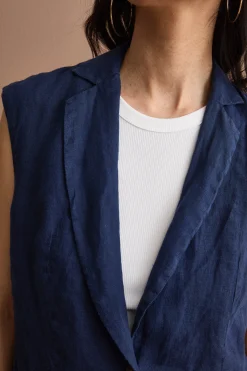 Gilet Sfoderato in Lino con Revers Classico - NAVY