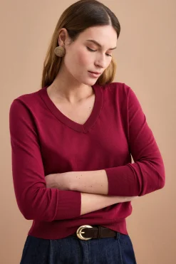 Maglia Boxy in Cotone con Scollo a V - BORDEAUX