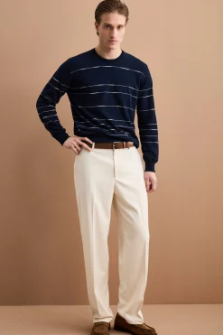 Maglia Girocollo a Righe Regular Fit in Cotone - BLU/BIANCO