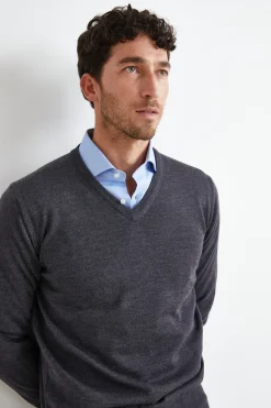 Maglia Scollo a V in Lana Merino - ANTRACITE