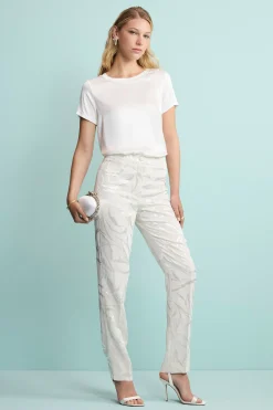 Pantalone a Sigaretta Damascato in Misto Lino - ECRU