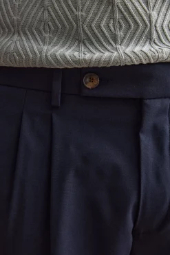 Pantalone Gamba Dritta con Pinces in Misto Lana - BLU