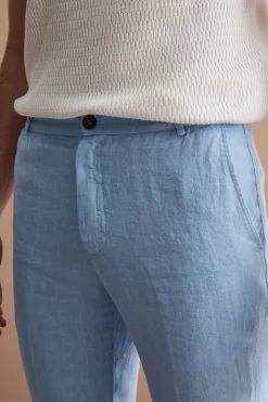 Pantalone in Lino a Sigaretta Regular Fit - AZZURRO