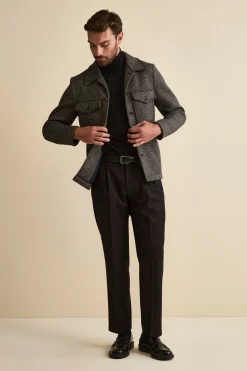 Pantalone Pinces Gamba Larga in Misto Lana - NERO