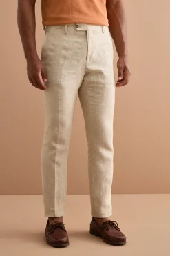 Pantalone Slim Fit in Lino con Pieghe - BEIGE