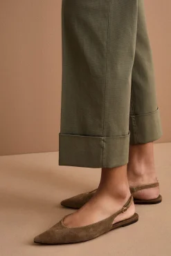 Pantalone Straight con Risvolto in Misto Cotone Piquet - KAKI
