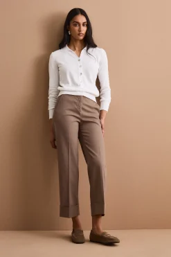 Pantalone Straight con Risvolto in Misto Cotone Piquet - CAFFE