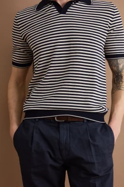 Polo Derby a Righe in Cotone Dry - BLU/PANNA