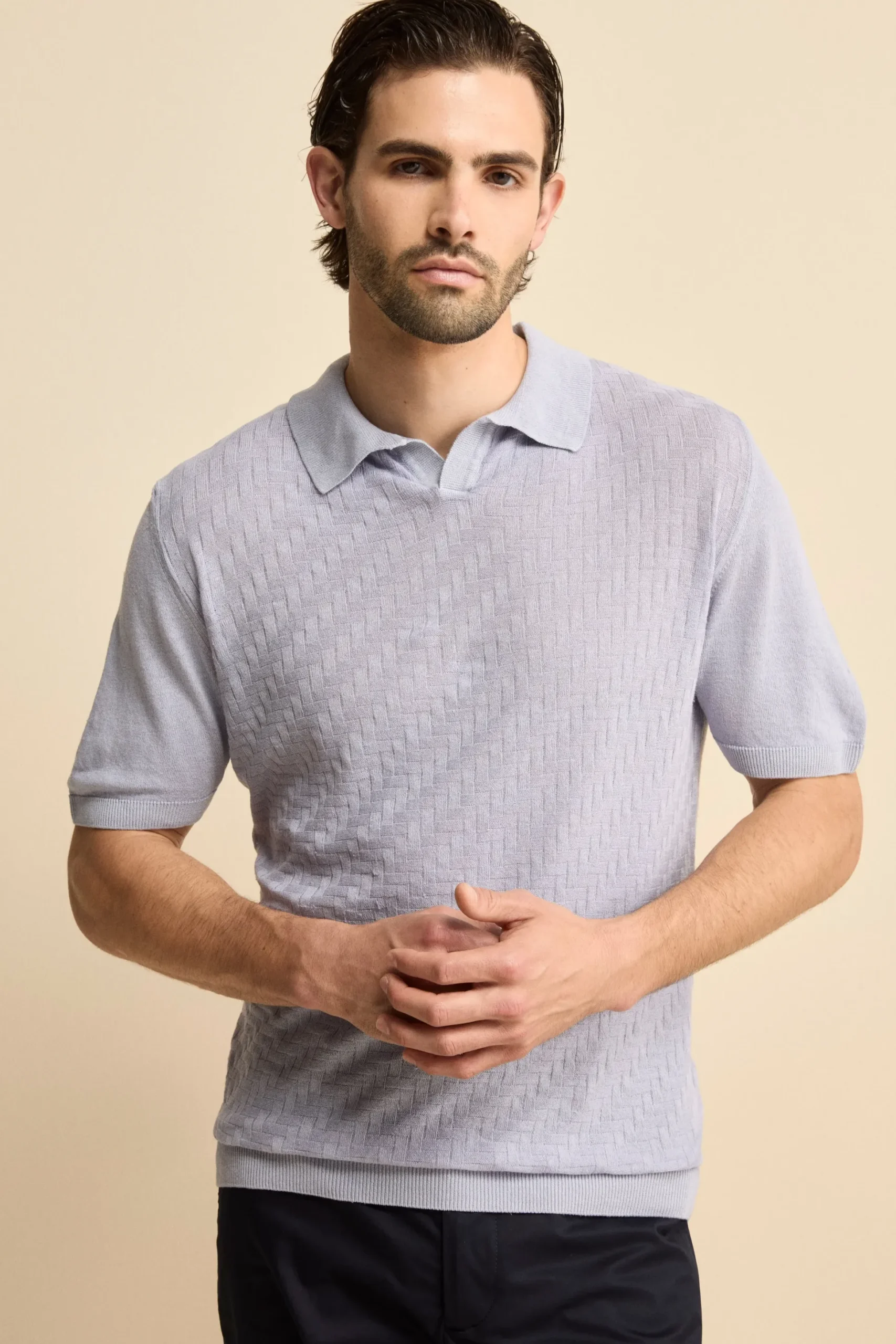 Polo Derby Mezza Manica in Misto Lino - AZZURRO
