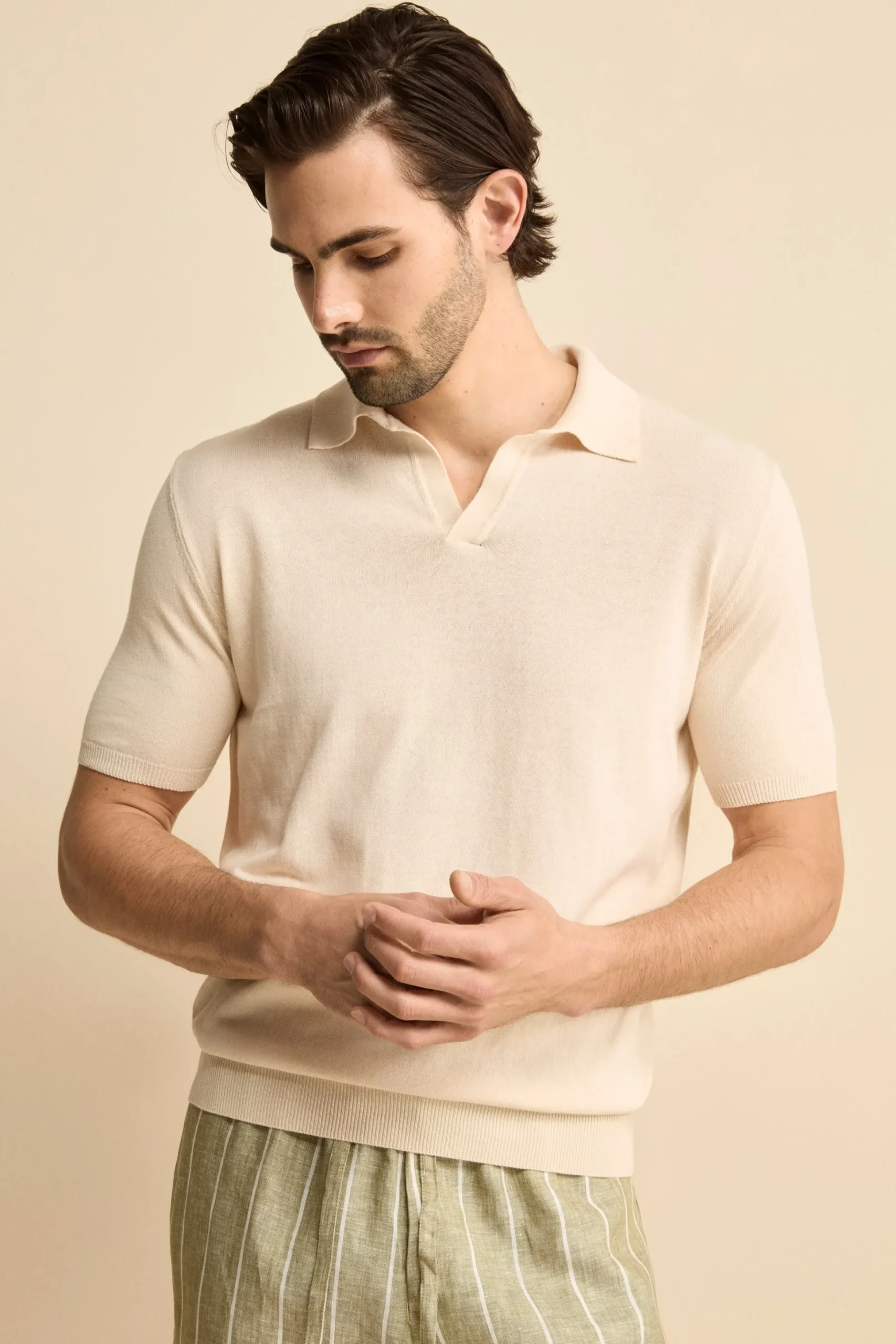 Polo in Maglia di Cotone Crêpe - LATTE