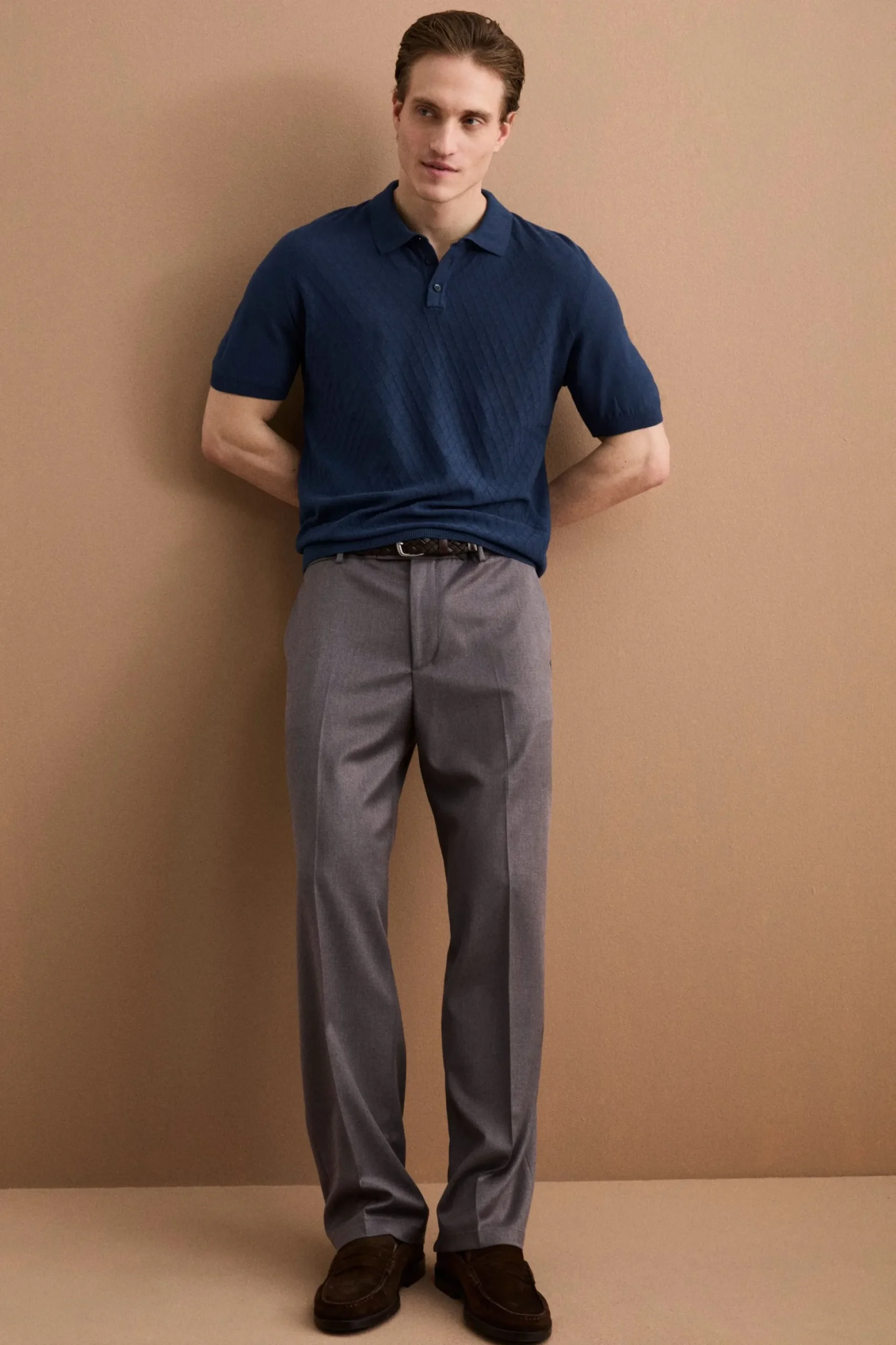 Polo Mezza Manica a Rombi in Cotone Crêpe - BLU CHIARO
