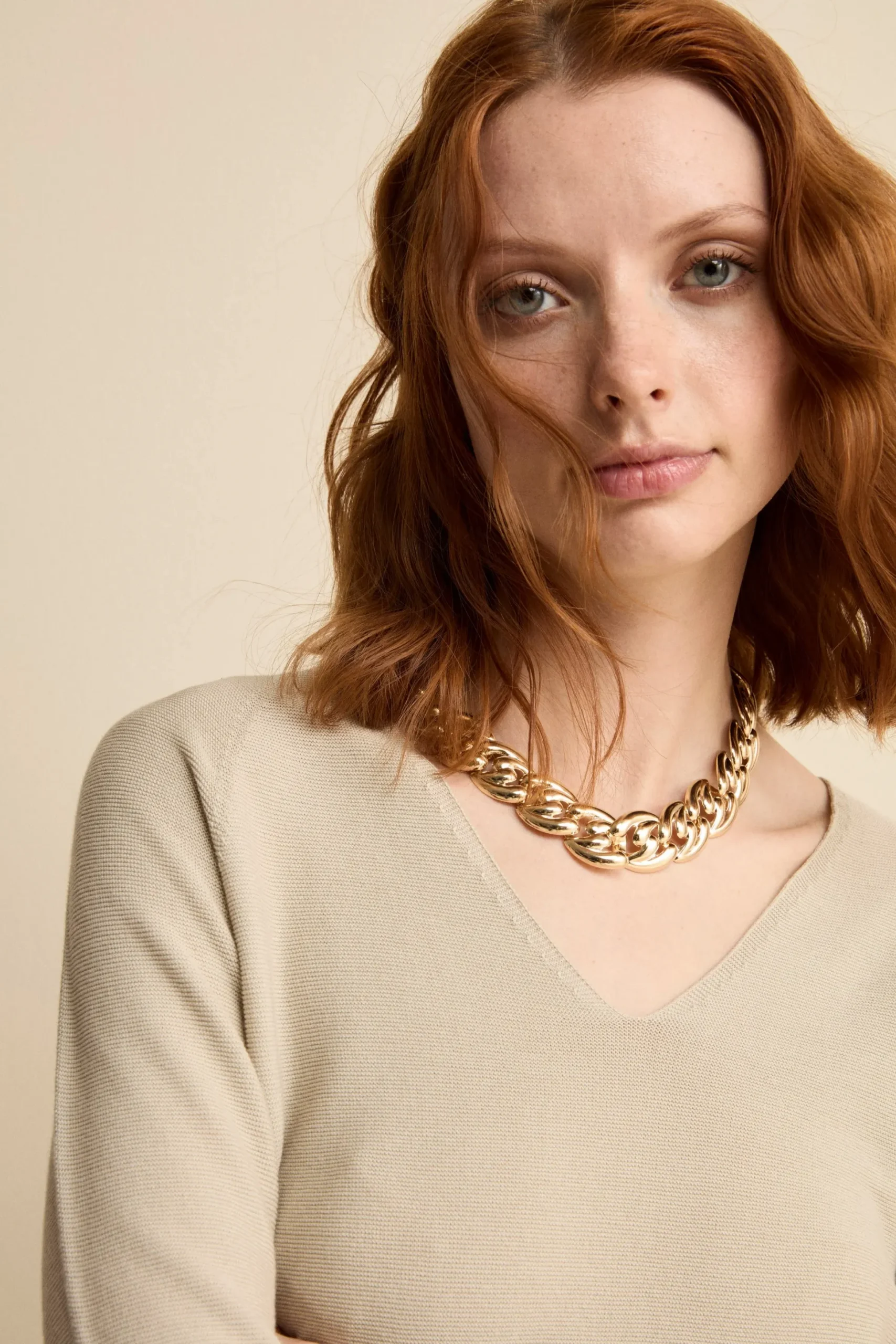 Pullover Links con Scollo a V in Cotone - BEIGE