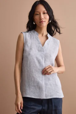 Top Smanicato a Righe in Lino - BLU RIGATO