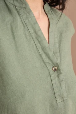 Top Smanicato in Lino con Scollo a V - VERDE MILITARE