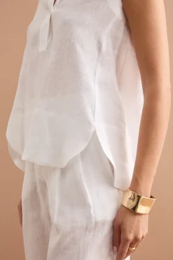 Top Smanicato in Lino con Scollo a V - BIANCO