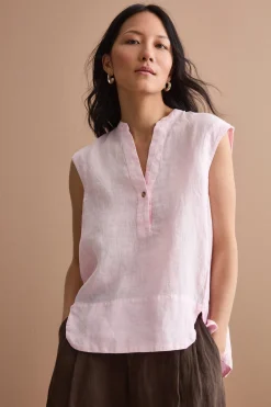 Top Smanicato in Lino con Scollo a V - ROSA