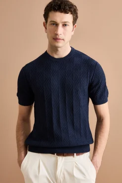 T-Shirt a Rombi in Cotone Crêpe - BLU NOTTE