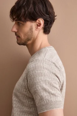 T-shirt in Misto Cotone e Lino Lavorata - BEIGE/PANNA